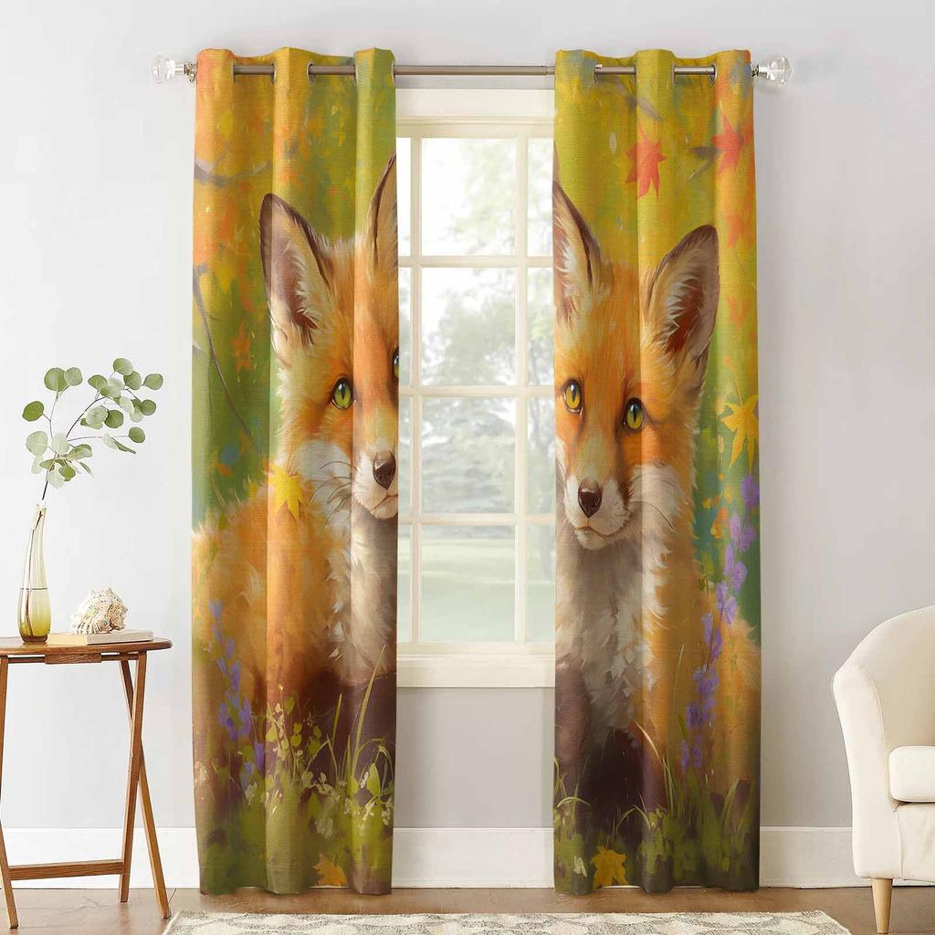 Two Foxes With Maple Leaves In Autumn Blackout Curtains For Living Room Bedroom Window Treatment Blinds Drapes