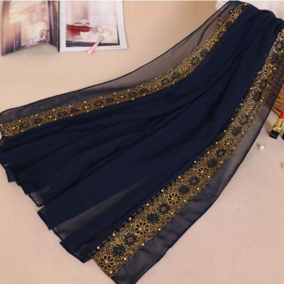 180*85cm women's lace chiffon silk gold beads scarf glitter floral plain hijab muslim pearl nice 9 color scarves/shawls