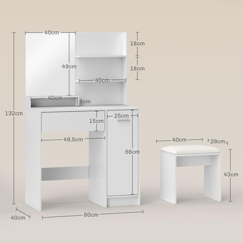 Dressing table set with mirror and stool, drawer, cabinet with adjustable shelf for the bedroom 80L x 40D x 132H cm, white