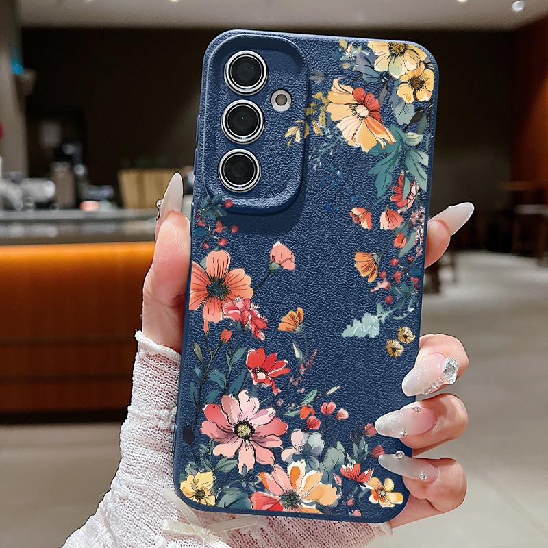 Luxury Flowers Print Case For Samsung S26 Ultra A57 A37 A17 A18 S25 S24 S23 S22 Ultra S21 FE A15 A35 A55 A16 A36 A56 5G Leather Texture Soft Cover