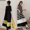 MODIQUE Sommer Plus Size Neue Damen Lose Minimalistische Streifen Plissee Patchwork Lange Kleider Weibliche Casual Kurzarm O-Ausschnitt Kleider