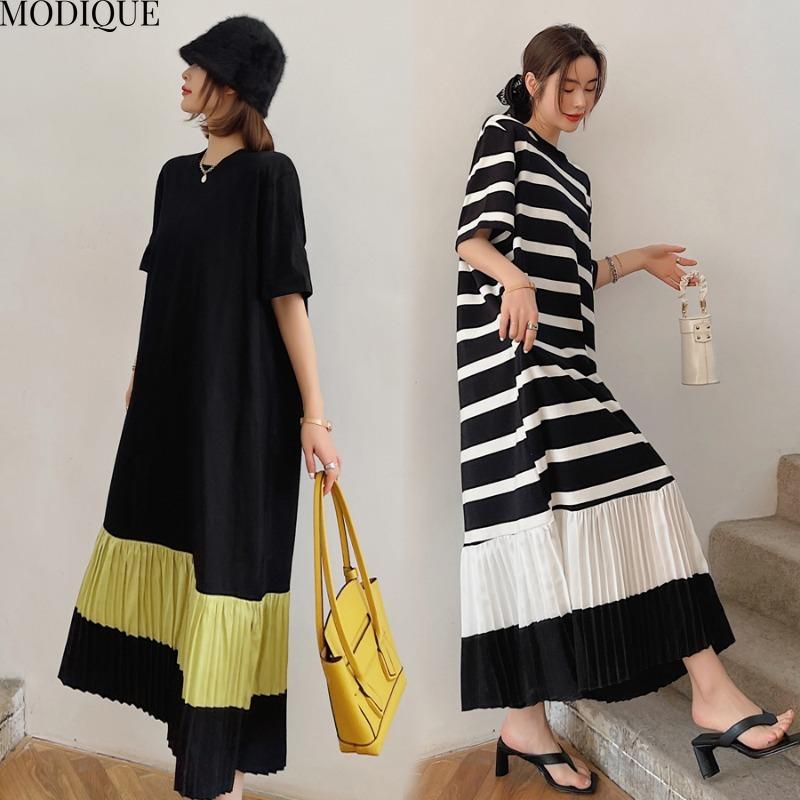 MODIQUE Sommer Plus Size Neue Damen Lose Minimalistische Streifen Plissee Patchwork Lange Kleider Weibliche Casual Kurzarm O-Ausschnitt Kleider