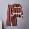 1116 new casual contrasting color striped lapel women's knitted sweater loose versatile lazy style knitted suit
