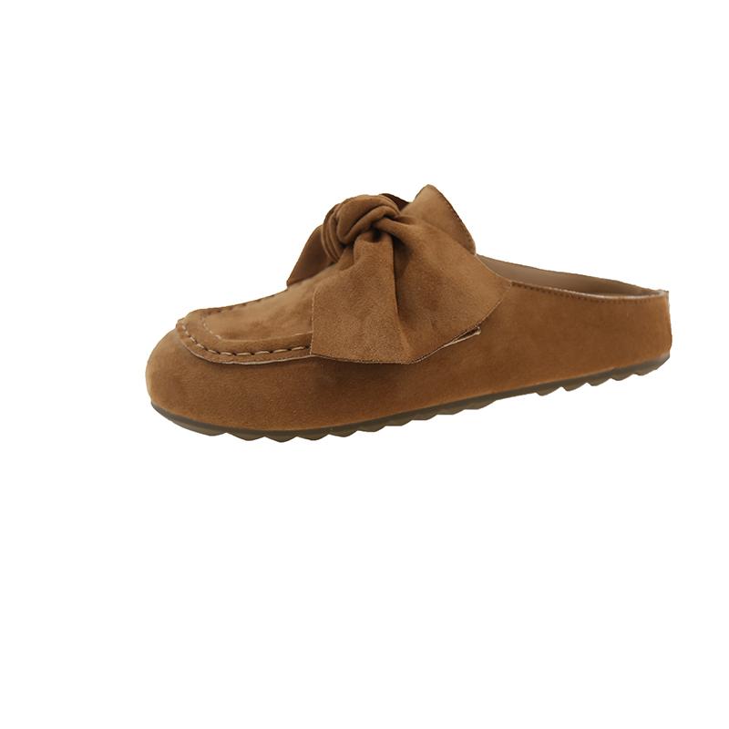 Soft Bottom Slippers Summer New Round Head Deep Mouth Flannelette Butterfly Knot Anti-slip Wear-resistant Flat Shoes