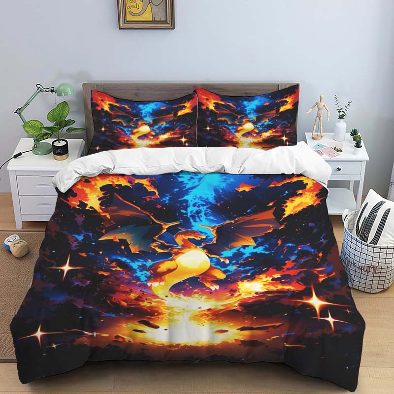 Cute Cartoon Charizard-Themed Bedding Set, featuring a soft duvet cover and pillowcases—perfect for teenagers, children, and mor