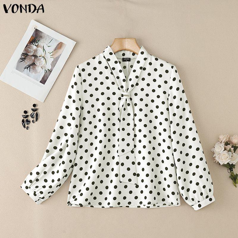 VONDA Elegant Women Tie V Neck Long Sleeve Polka Dots Casual Blouse Tops