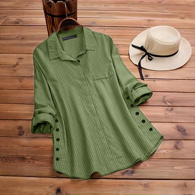 ZANZEA Women Turn Down Collar Loose Casual 3/4 Sleeve Stripe Blouse