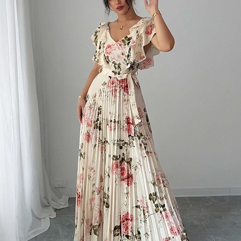 European and American Women's Clothing, New Spring Models, Floral Print Lotus Leaf Sleeve V-neck Pleated Long Dress