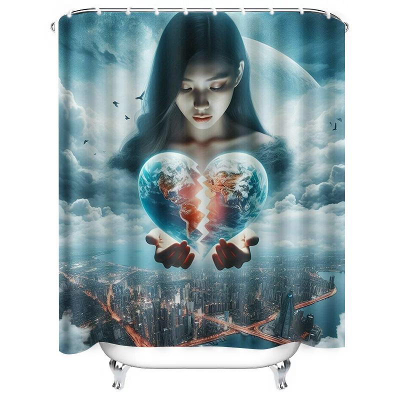 Mystical Woman Heart-Shaped Earth Shower Curtain - Waterproof, Mildew-Resistant, Machine Washable for Fantasy Bathroom Decor