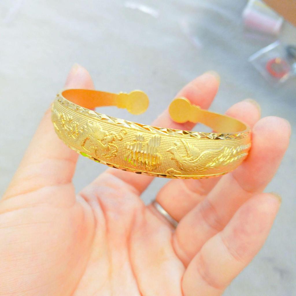 Vietnamese Sand Gold Dragon & Phoenix Open Bangle: Brass Gold-Plated, Symbolizing Auspiciousness for Women