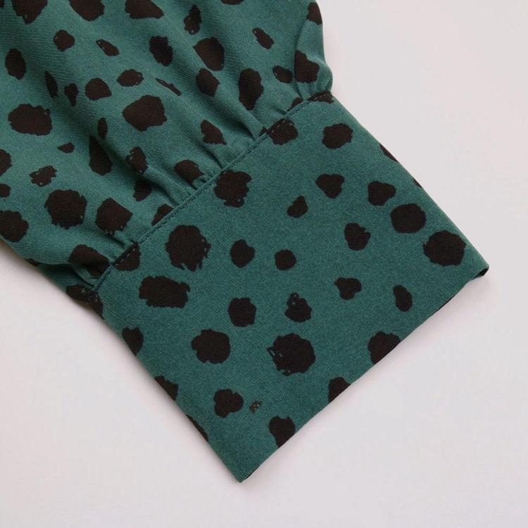 Green Leopard Print Chic Women Dress High Waist Long Sleeve V Neck Long Dress