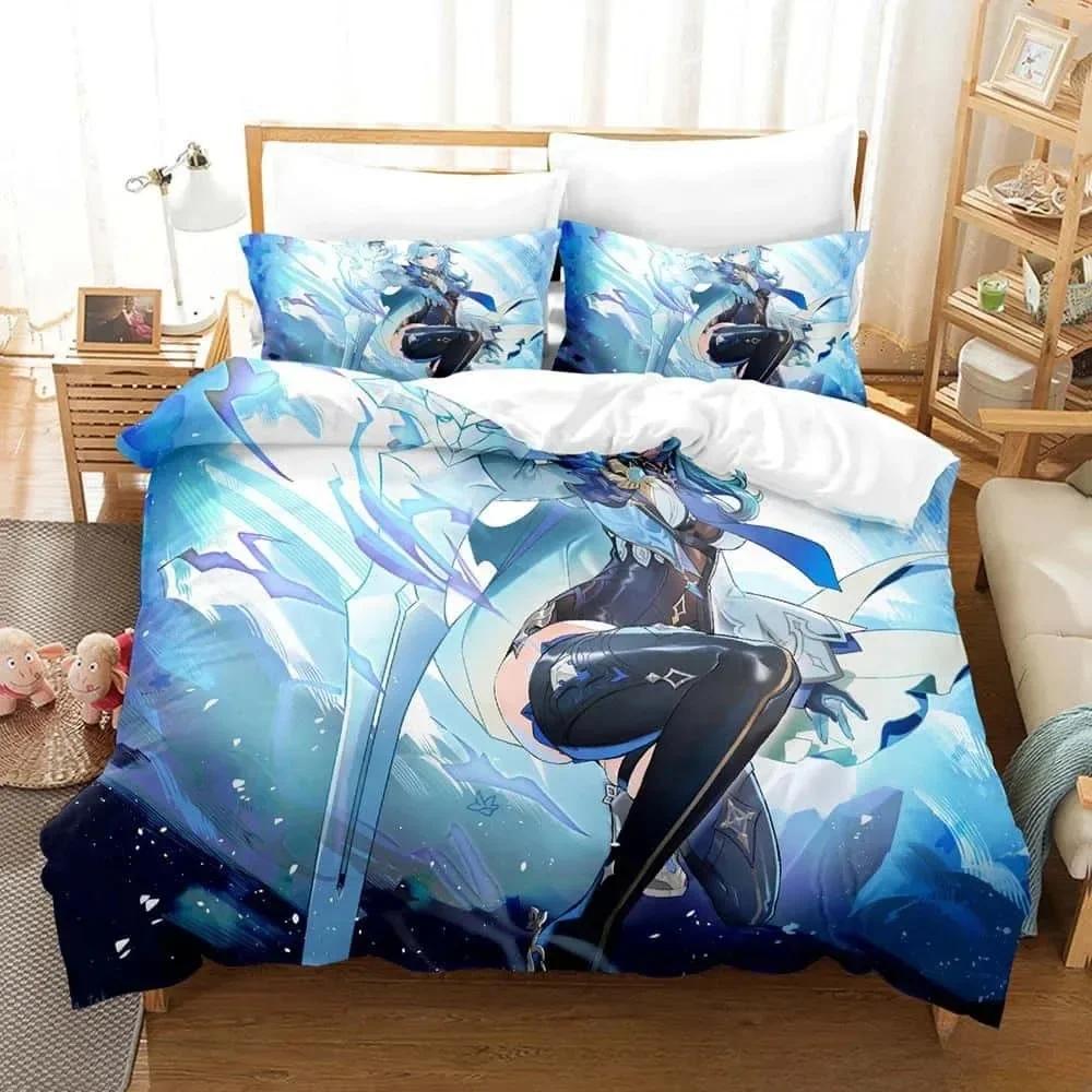 Kawaii Anime Genshin Impact Eula Lawrence Bedding Set Print With Pillowcase Bed Duvet Cover Single Double Queen Super King Size