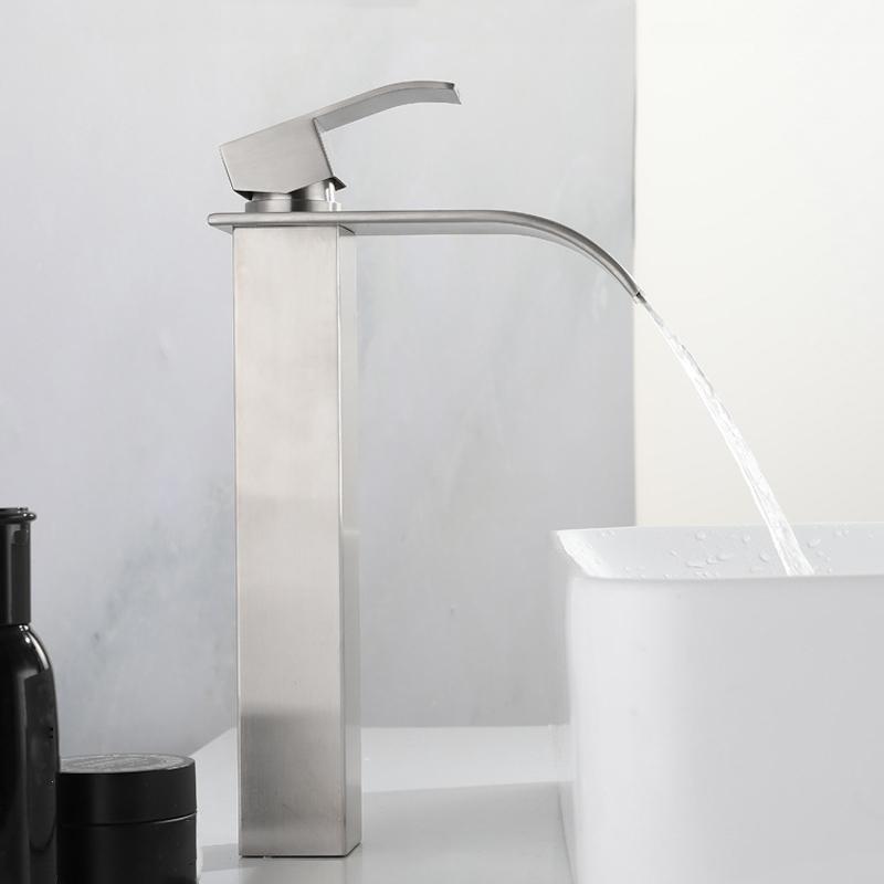 Waterfall Basin Faucet Deck Mounted Stainless Steel Brushed Silver Sink Tall Tap Bathroom Hot & Cold Mixer Vanity Vessel Taps