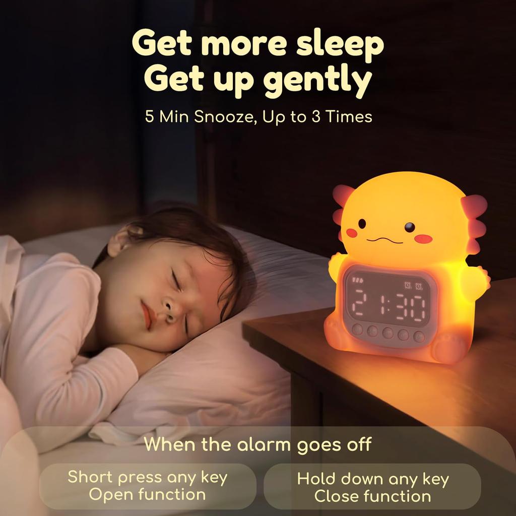 Axolotl Alarm Clock with Night Light for Kids Cute Bedroom Alarm Clock with RGB Lighting OK to Wake Clock Silicone Animal Tabletop Lamp For Teen Girls
