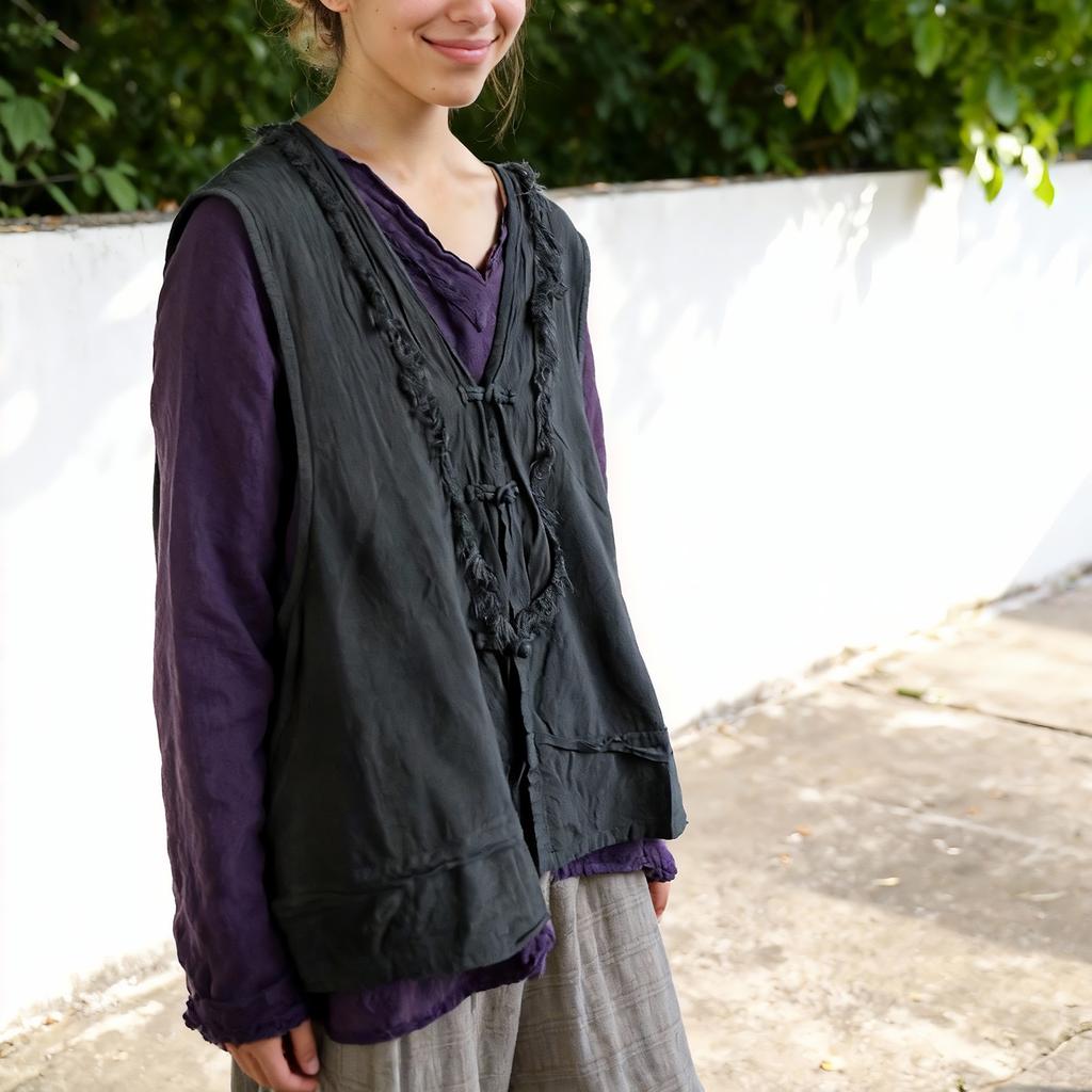 Johnature Dámské tílka v čínském stylu Jednobarevné knoflíky jarní Vintage dámské volné vesty