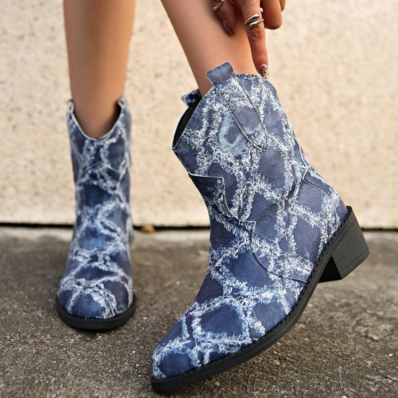 Stivali Western da Donna Slip-On - Tacco basso robusto, Copertura Sintetica Stivali da Cowboy, Stivaletti Slip-On per Western, Formali, Quotidiani - Tutte le Stagioni