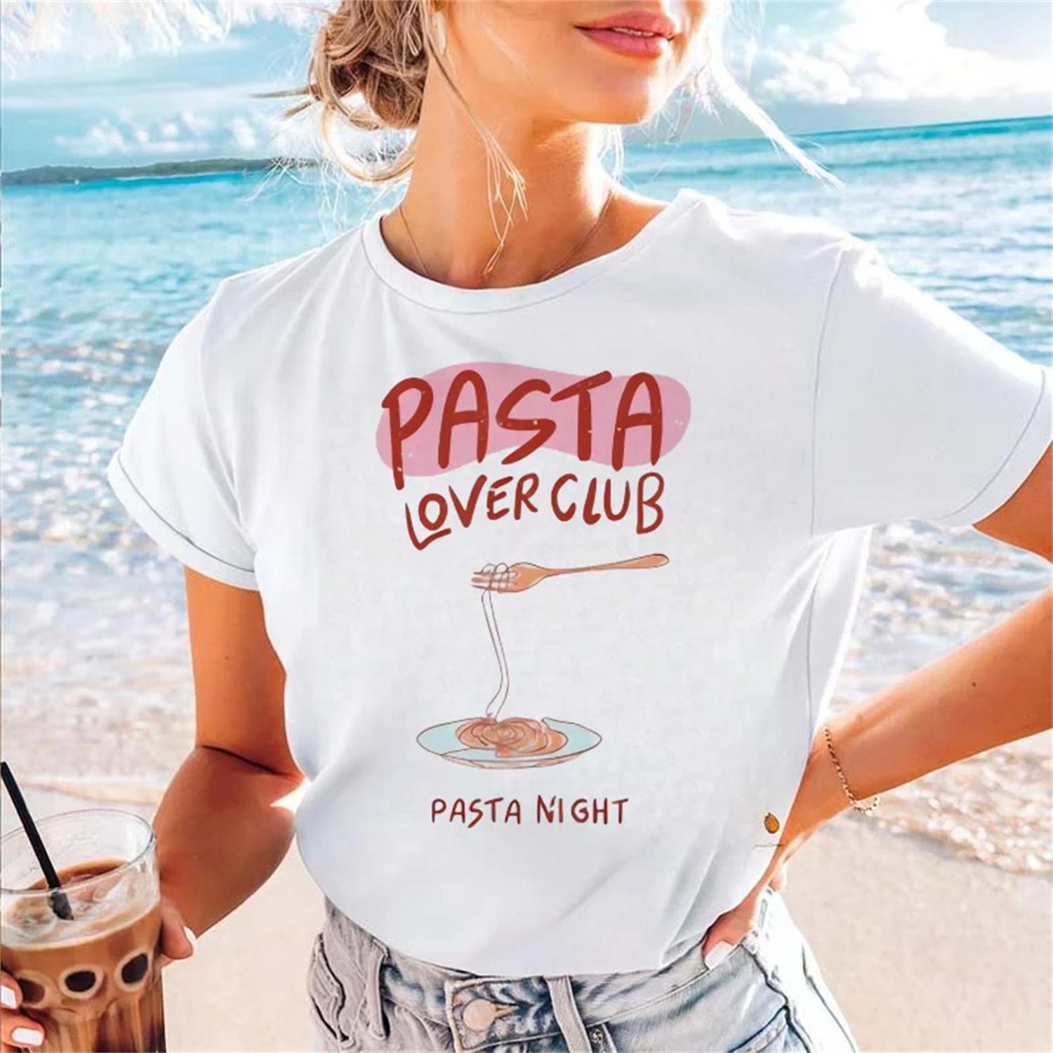 Pasta Enthusiast Pattern Sweet Harajuku Fashion Women s T-Shirt Short Sleeved New Fun Women s Casual Regular Summer T-Shirt S