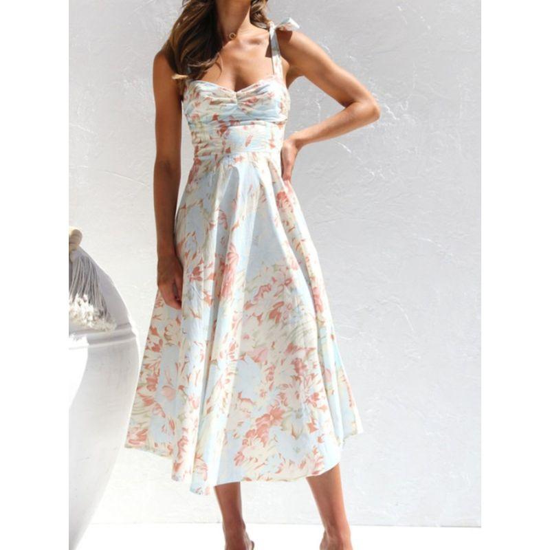 Sweet Summer New Small Floral Print Silm Slim Looking Tight Waist A- line Sling Mid-Length Dress Female Dress