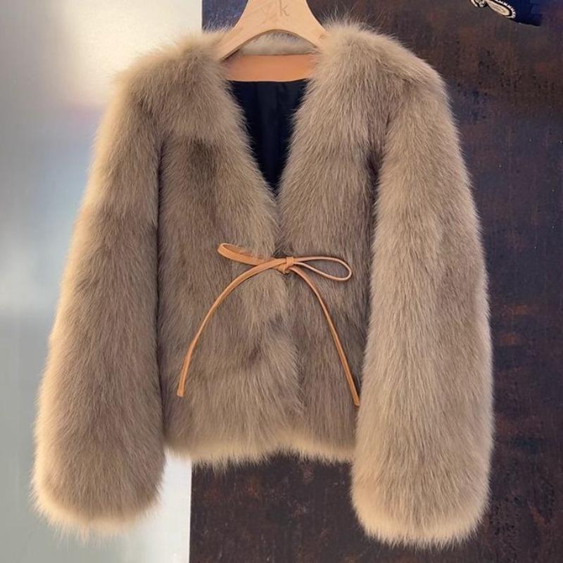 

Куртка из меха Qianjin для женской осени и зимы, маленькая мужская, новый воротник, шнуровка, имитация лисьего меха, утолщенный легкий верх 2XL [130-72.5kg] какао