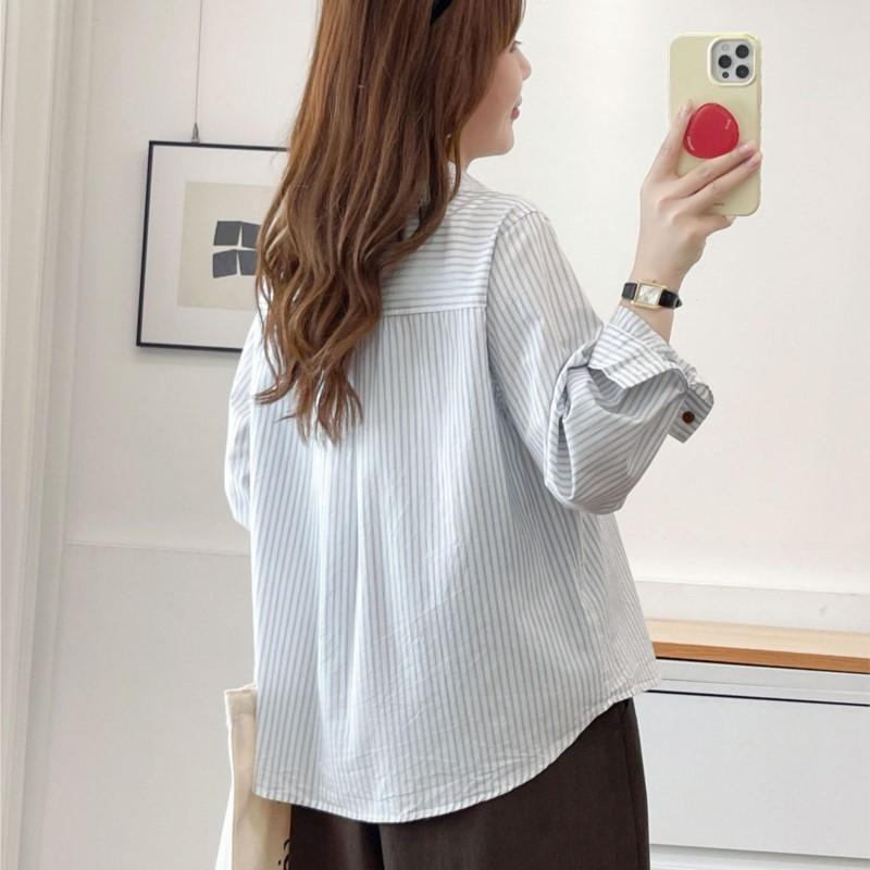 Autumn Women Striped Shirts Long Sleeve Pocket Embroidery Turn-Down Collar Office Lady Tops Loose Female Clothes