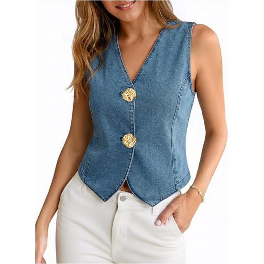 Womens Button Down Denim Vests Tops  Casual V Neck Cropped Jean Tank Tops