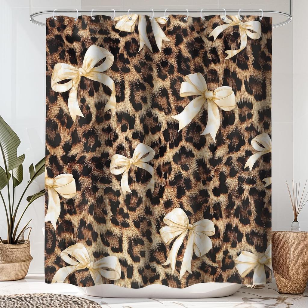 1Pc Multi-Pattern Shower Curtain Collection, Cow Print Leopard Cherry Bow Fabric Bath Decor With Hooks For Bathroom