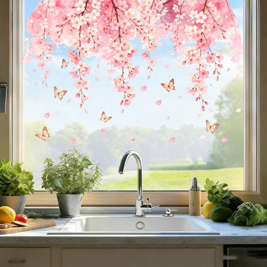 Kirschblüten-Blumen-Fensteraufkleber Frühling Aquarell Hängende Blumenranke Schmetterlinge Glastür-Aufkleber Wiederverwendbarer Fensteraufkleber für Zuhause Büro