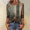 Trendy Vintage 3/4 Sleeve Top For Women ,Ladies Casual Three Quarter Sleeve Round Collar Printed T-Shirt Blouse