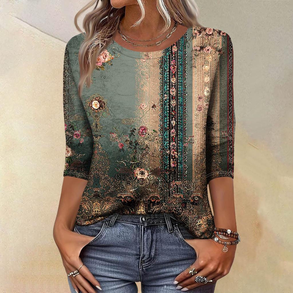 Trendy Vintage 3/4 Sleeve Top For Women ,Ladies Casual Three Quarter Sleeve Round Collar Printed T-Shirt Blouse