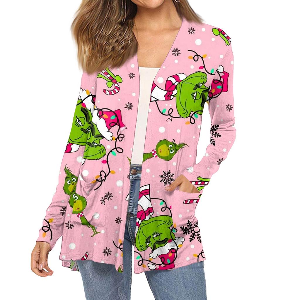 Dámský módní vánoční potisk dlouhý rukáv kapsy slim fit kardigan kabát