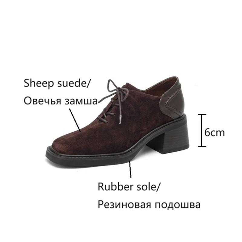 Fashion NEW Spring/Autumn Women Shoes Square Toe Chunky Heel Casual Shoes Sheep Suede Leather Shoes for Women Retro Lace Up Women Pumps
