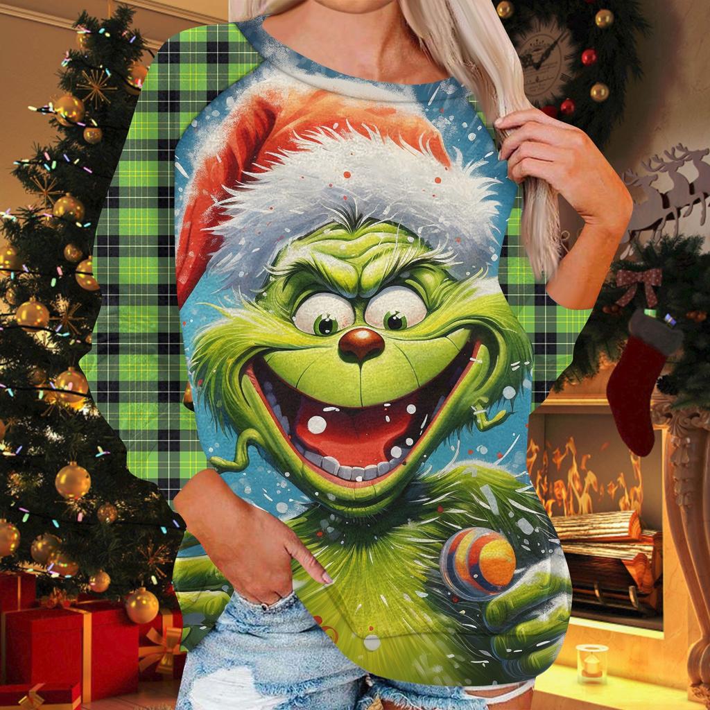 Damenmode, lässig, Rundhalsausschnitt, Langarm, Weihnachtsdruck, Raglanärmel, Sweatshirt-Oberteil