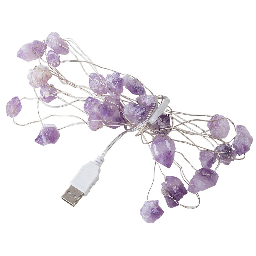 Natural Amethyst Decorative Lights Crystal String Lights Raws Stones 30 LEDs With Remote Control, Hanging Reikis Ornaments