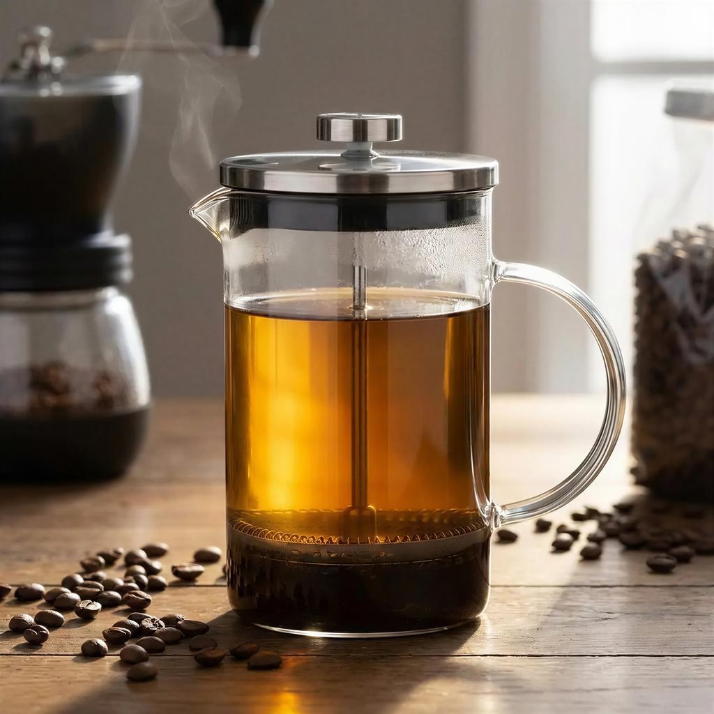 Piston Infuser 800 Ml Silver Glass Jug For Coffee And Tea Ø9 Cm