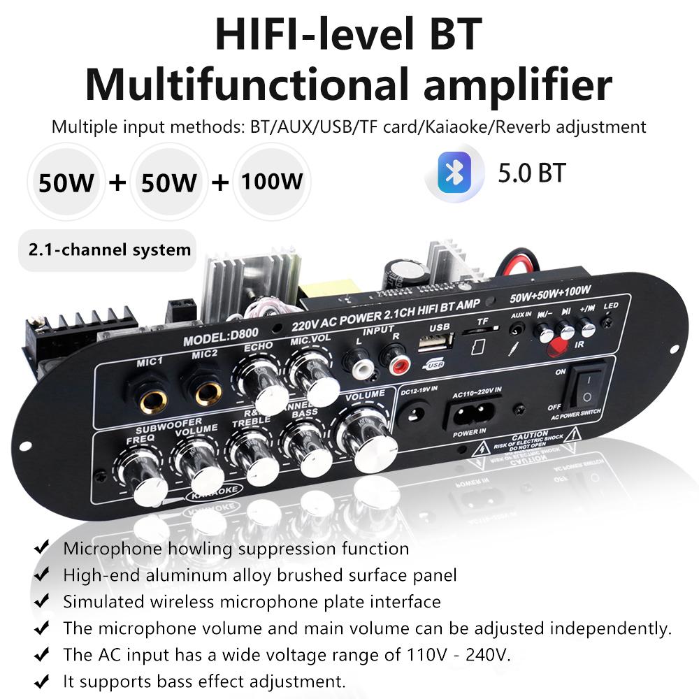 D800 2.1-Channel Bluetooth Amplifier Board 50W+50W+100W High-Power Output with Bluetooth 5.0 AUX+MIC FM+USB+TF Card