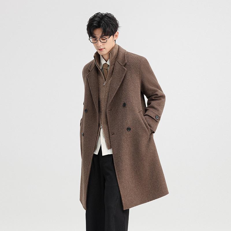 2025 Autumn/Winter Men's Double-Sided Wool Double-Breasted Trench Coat, Mid-Length with Lapel