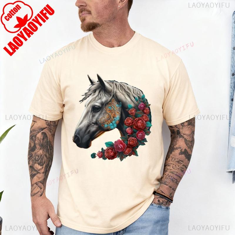 Horse Mandala Flower Animal Motif Horse Cotton TShirt Men and Women Crew Neck Short Sleeve Soft Casual Outdoors Fashion Tees