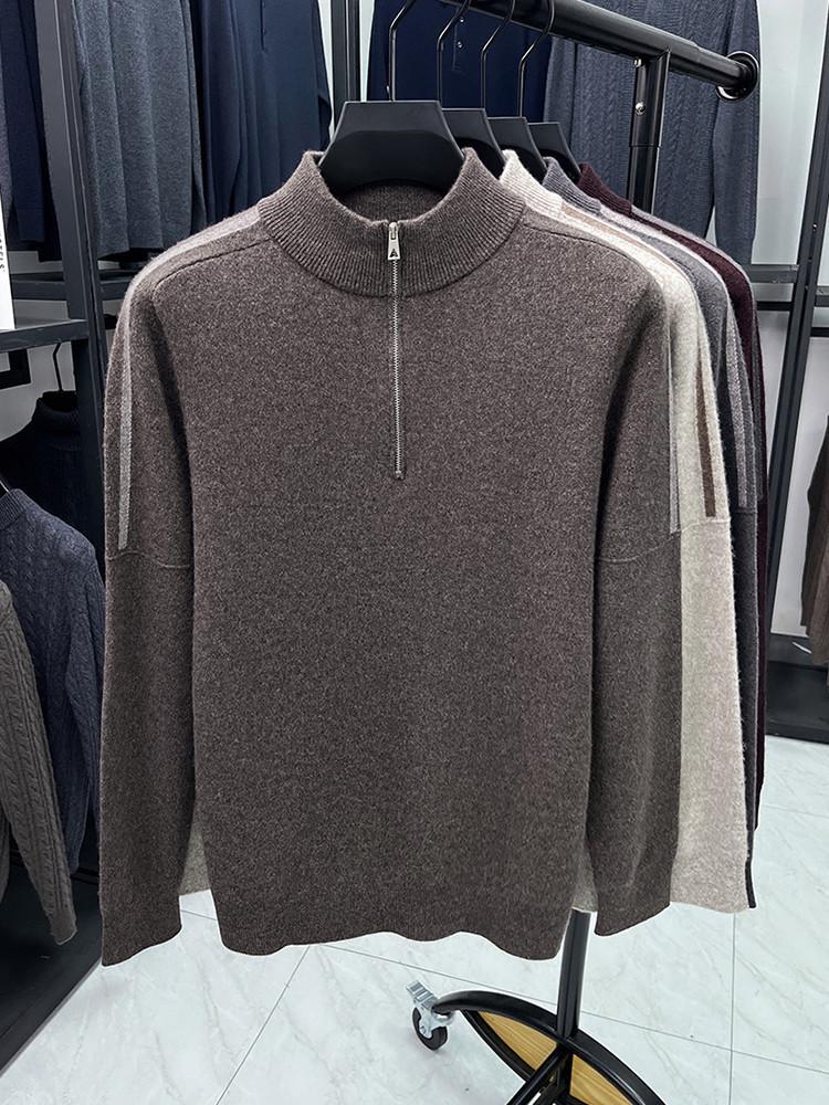 Hengyuanxiang Men's 100% Pure Wool Half-Zip Crew Neck Sweater - 2025 Autumn/Winter Warm Knitwear
