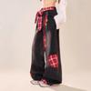 2025 Rot Kariert High Waist Wide-Leg Patchwork Jeans für Damen: Locker, Gerade, Bodenlang
