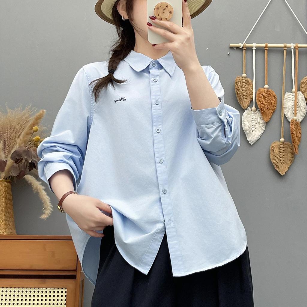 Women's Long Sleeve Embroidered Cotton Shirt - Candy Color, High Quality, Versatile Loose Fit Casual Top
