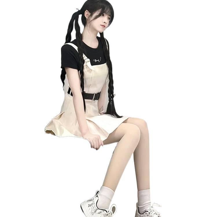 American Retro Academy Style Summer Slimming High-Waist Black Skirt with Cute Suspenders Set