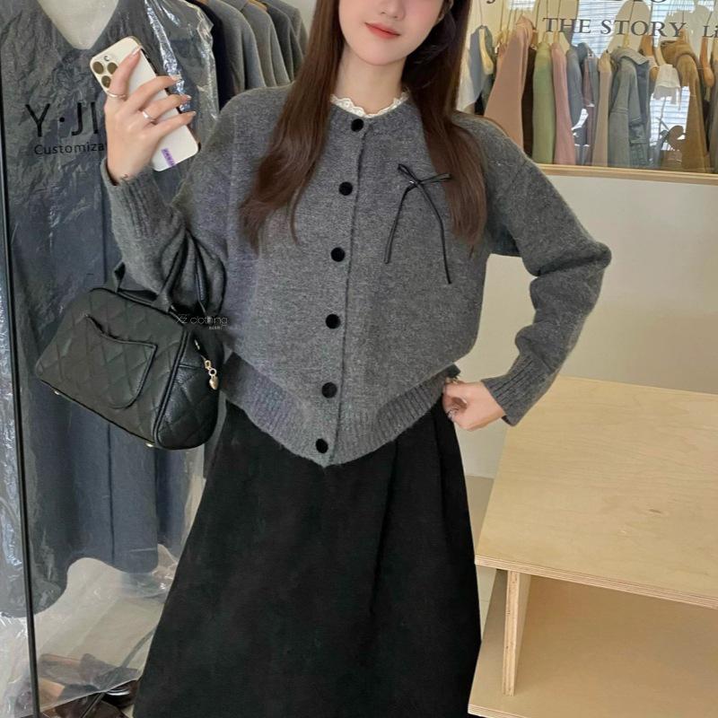 Korean Lace Round Neck Knit Cardigan with Bow - Women's Early Autumn Top