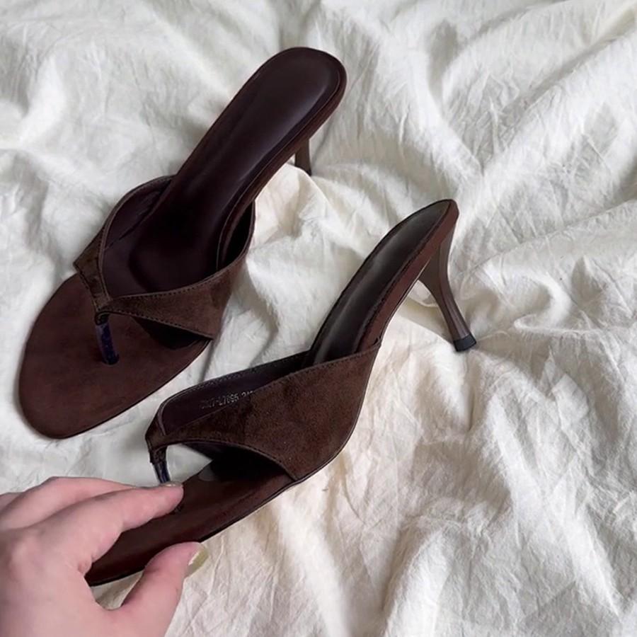 Retro high-heeled toe cool slippers flip-flops women's outer wear with skirt simple temperament stiletto sandals