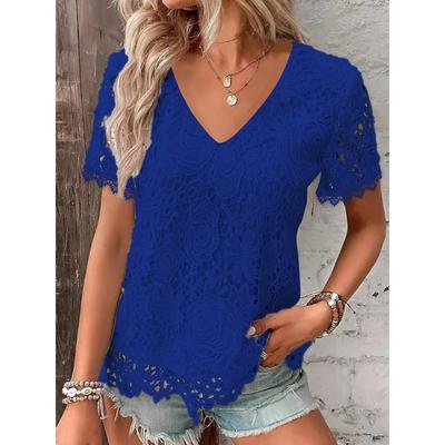 Damenmode V-Ausschnitt Kragen Tops Kurzarm T-Shirts