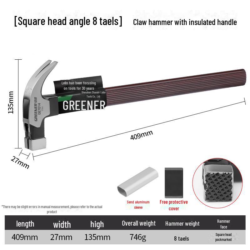 Green Forest Magnetic Claw Hammer with Insulated Wooden Handle for Woodworking and Household Use