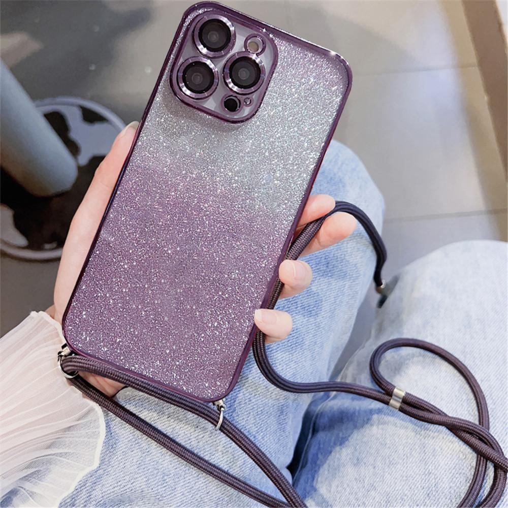 Crossbody Lanyard Gradient Glitter Phone Case For Samsung A05 A15 A25 A35 A55 A14 A24 A34 A54 A13 A23 A33 A53 Soft Plating Cover