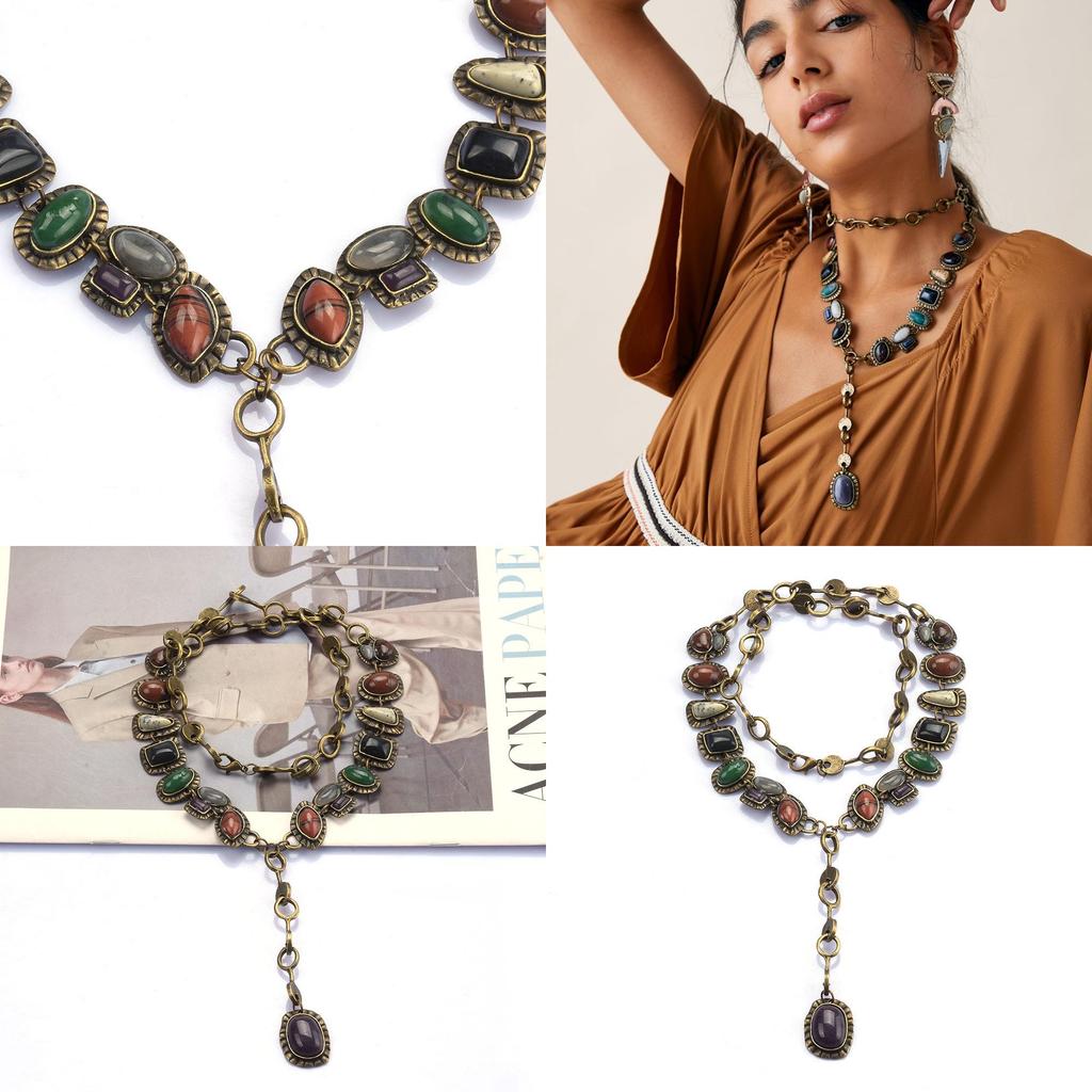 Bohemian Style Long Metal Necklace With Gem Accents For Women Summer Wear