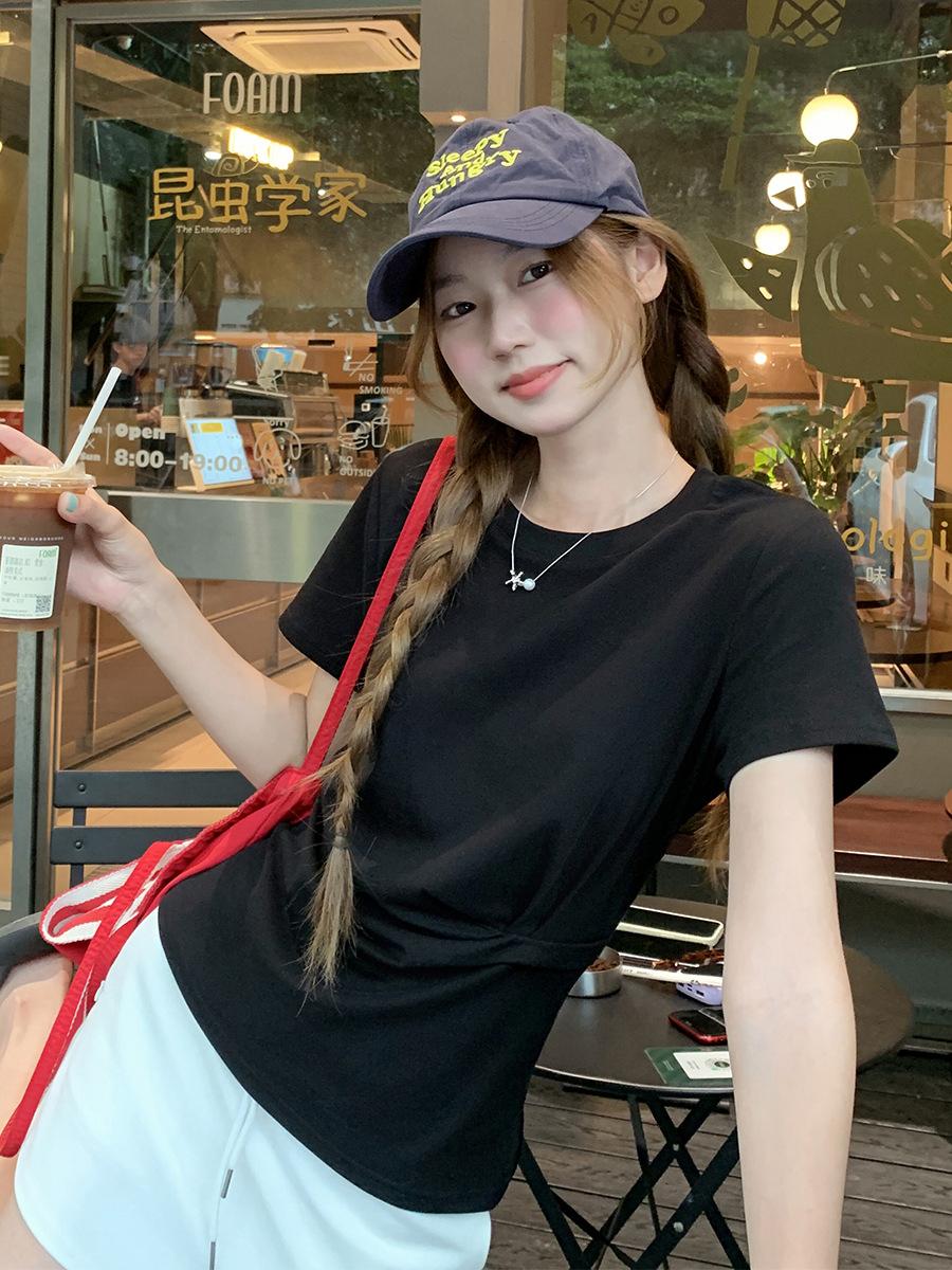 

Korean black front shoulder pleats irregular design short-sleeved T-shirt women s summer new loose top S