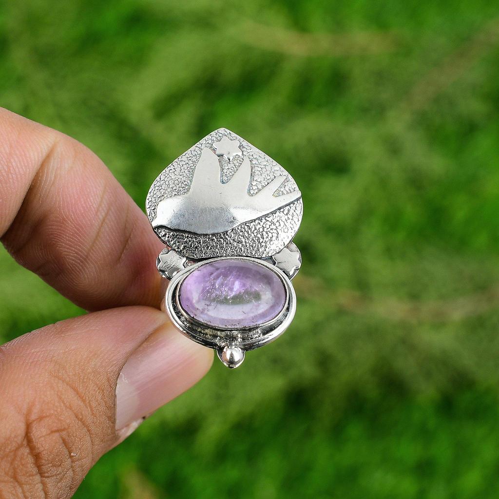 Oval African Amethyst Gemstone Solitaire Statement Mother Ring Sterling Silver
