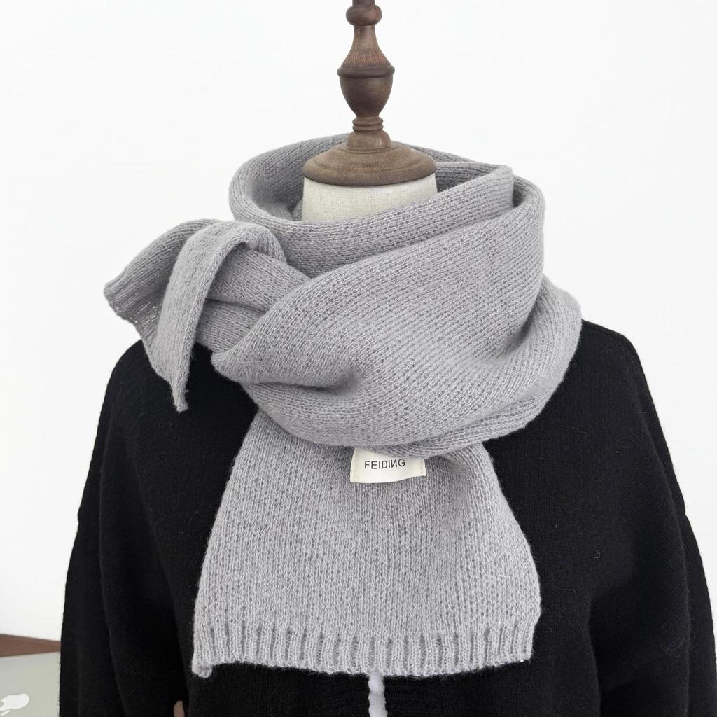 Korean Style Solid Color Knitted Wool Scarf - Women's Autumn & Winter Imitation Cashmere Neck Warmer